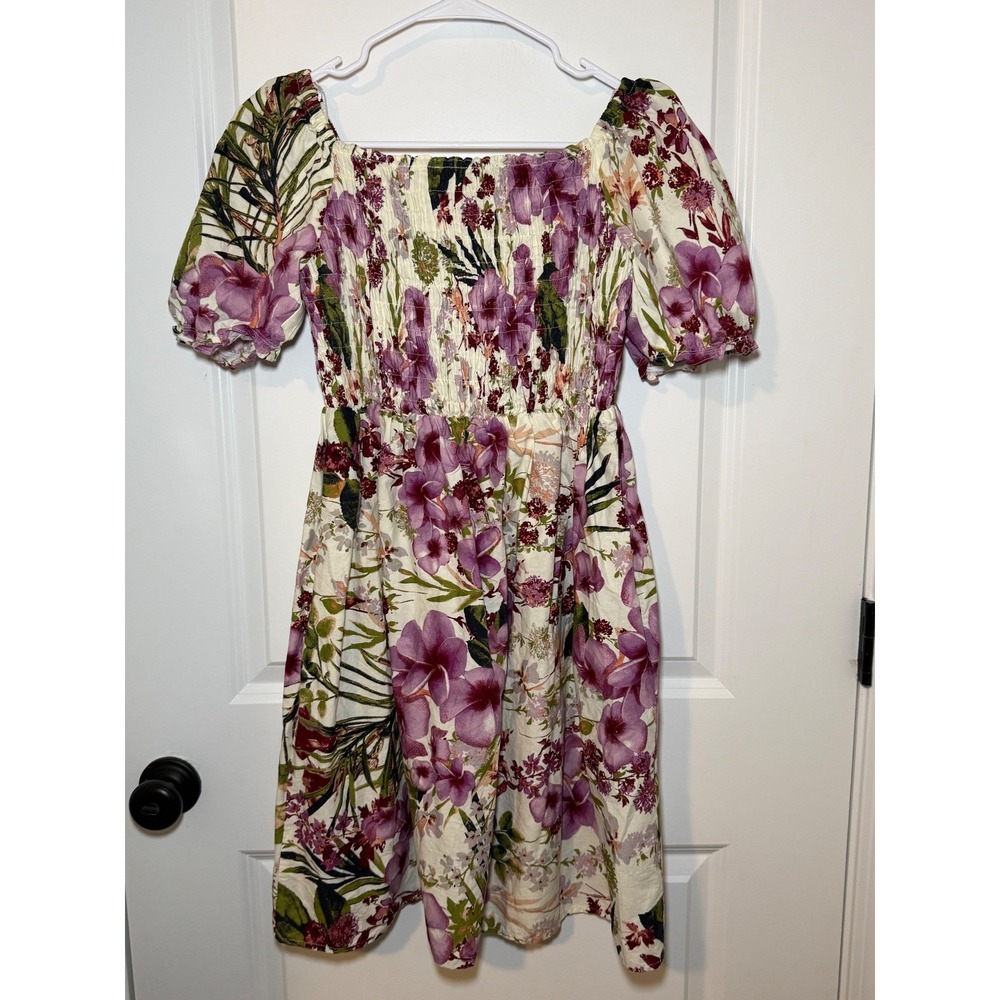 Melonie T Floral Smocked Mini Dress Purple Green Puff Sleeve Pockets Size 8 - Picture 2 of 8
